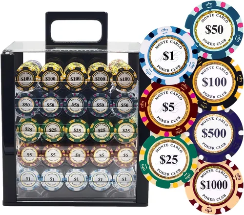 Vista 2 de 1000pcs 0.49 oz Monte Carlo Poker Club Poker Chips Set con construcción personalizada (1000 fichas de acrílico caso)