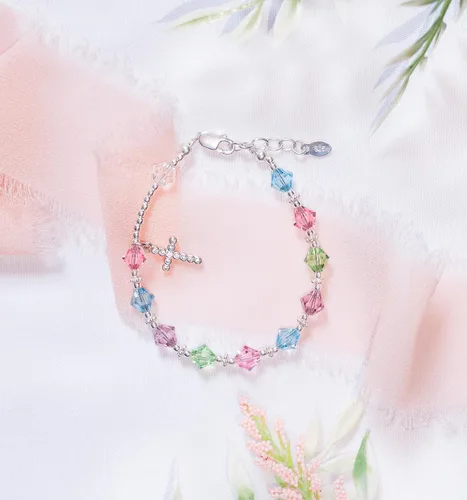 Vista 5 de Precious Pieces Pulsera de rosario de primera comunión de plata esterlina para niños con cristales de alta gama y cruz para niñas (6-6.5 pulgadas)