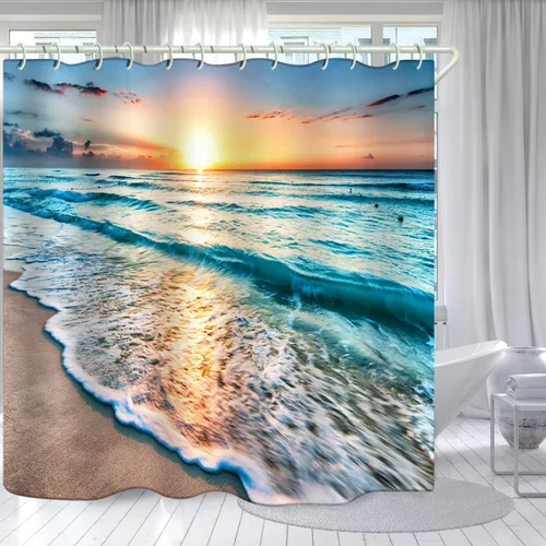 Vista 23 de LYFANS Cortina de Ducha para Baño con Diseño de Escalope de Playa 3D, Cortinas de Ducha Estándar para Bañera Lujosas, Cortinas de Ducha de Tela