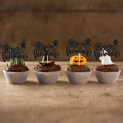 Vista 4 de Ephlyn 24 adornos negros para tartas de Halloween con purpurina fantasma Negro Halloween