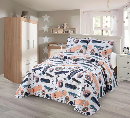 Vista 3 de Colcha edredón de 2 piezas tamaño Twin para niños/adolescentes varones, dinosaurios, verde militar, azul, naranja, multicolor, ropa de cama nueva