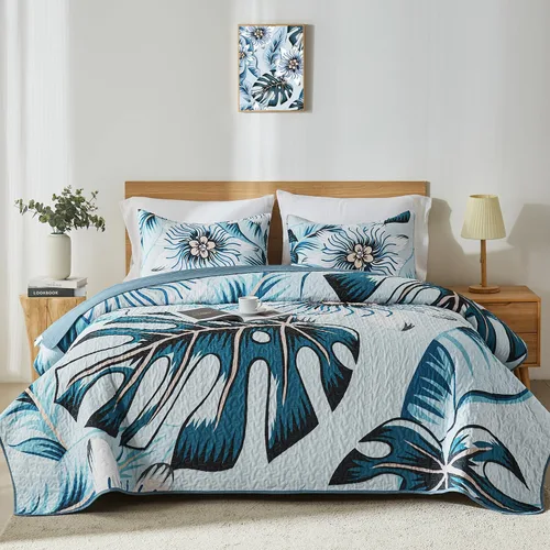 Vista 8 de Yogeneg Juego de ropa de cama Queen con patrón botánico verde y amarillo, juego de edredón blanco matrimonial/queen, colcha de verano ligera y suave