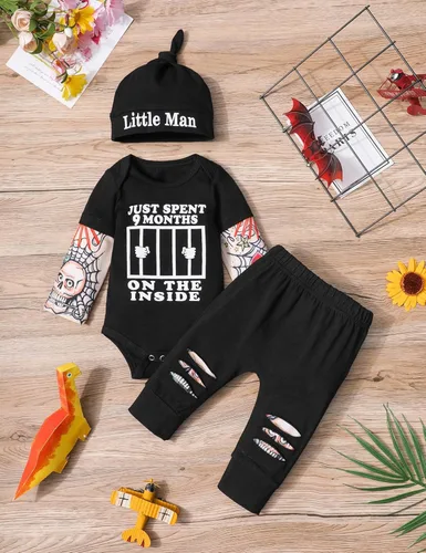 Vista 4 de Conjunto de 3 piezas de ropa para bebé y niño, manga de tatuaje, mameluco divertido y pantalones