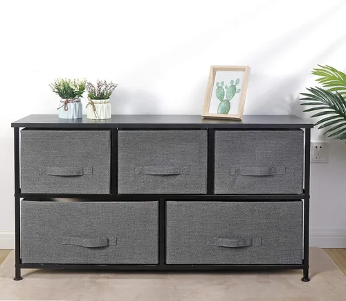 Vista 16 de Cómoda de tela con 5 cajones para almacenamiento, baúl de tela con cesta profunda, marco de acero resistente y parte superior de madera, Gris claro